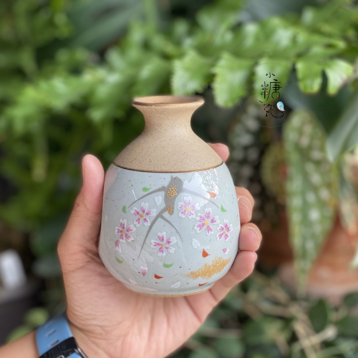 金粉櫻花手繪陶作清酒瓶