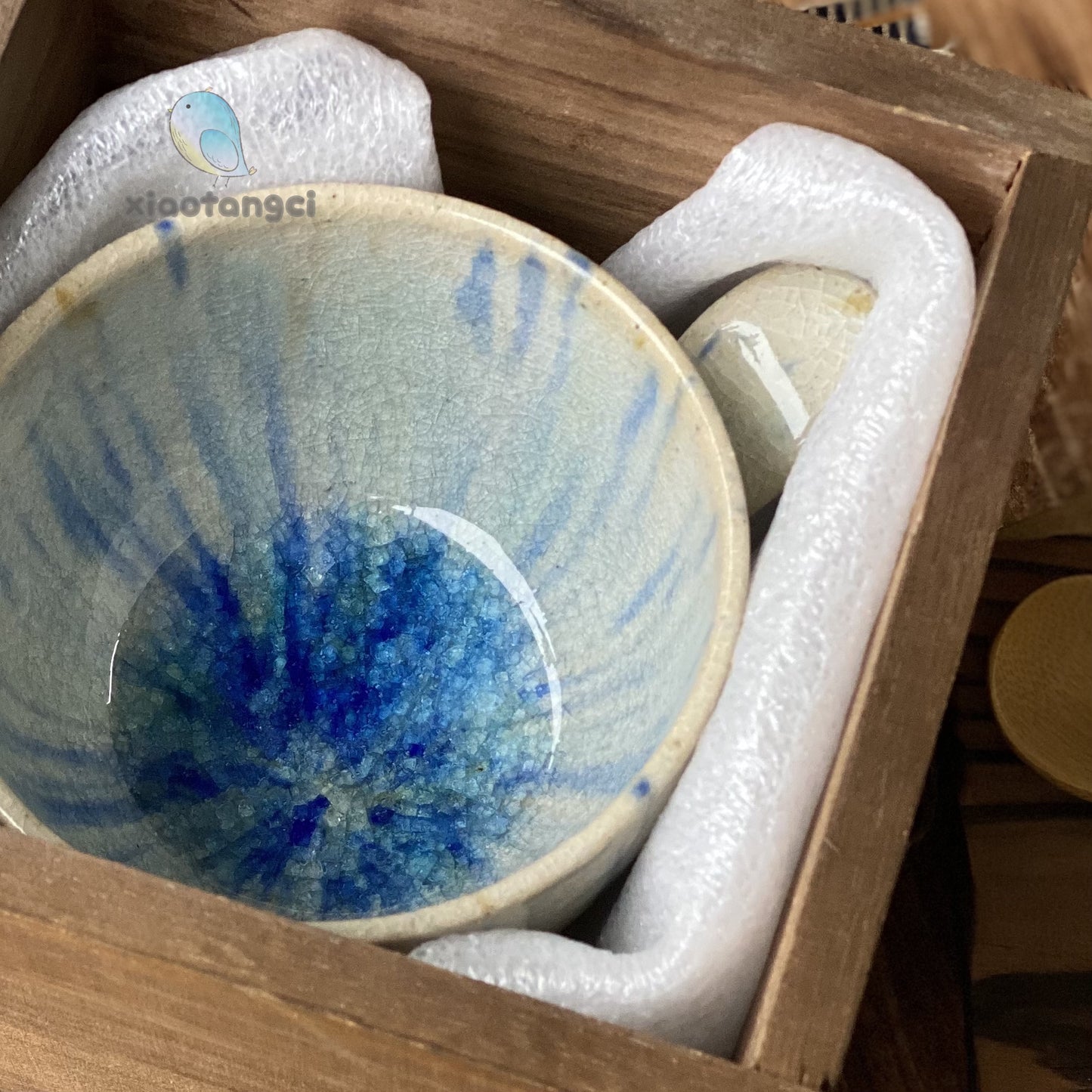 小糖瓷|日本製 🈴️ 貫入冰裂紋單柄湯碗/湯杯(附燒杉木底座及贈送一支竹湯匙)