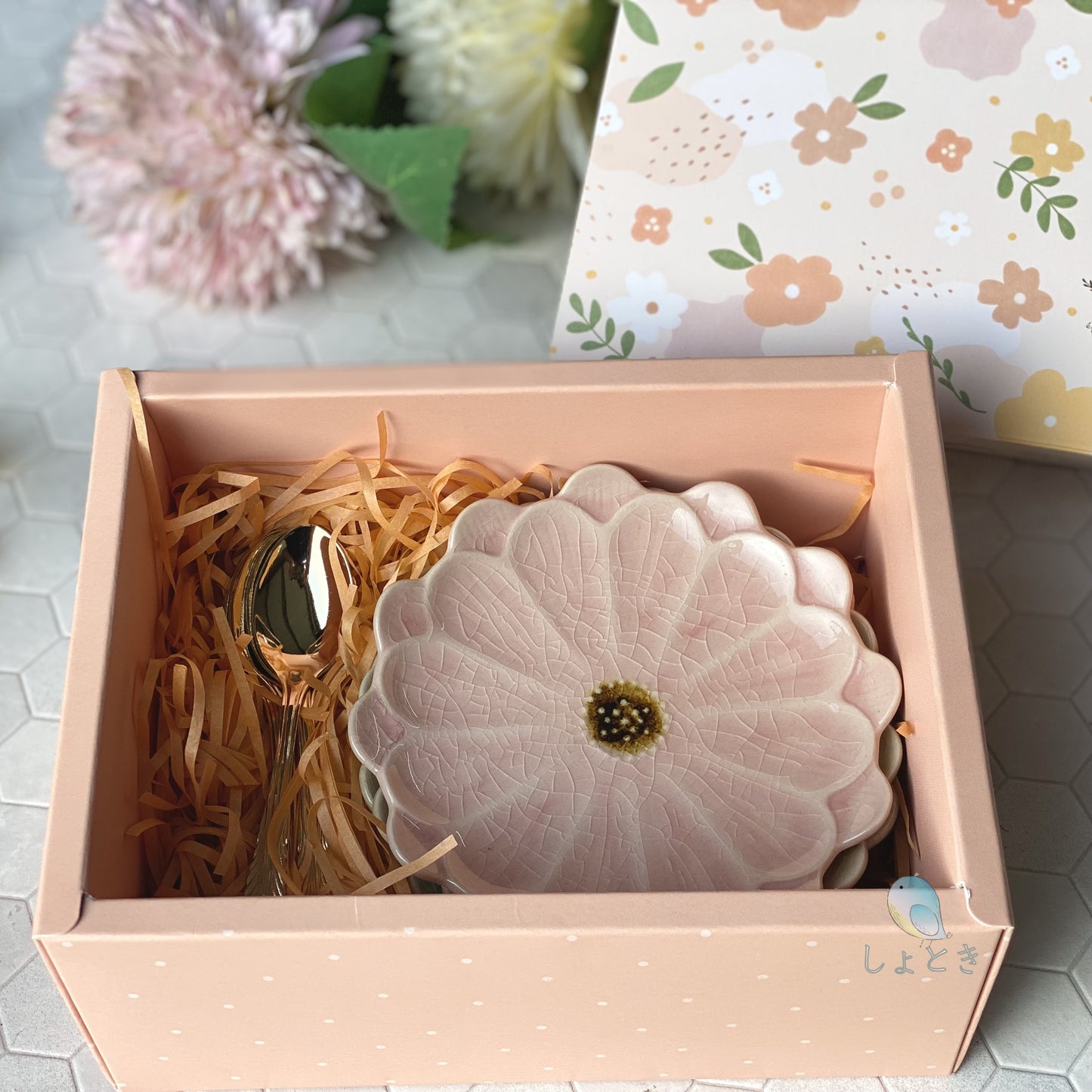 小糖瓷|日本製 🈴 花言葉貫入點心碟五入禮盒組(附5入金湯匙)/和菓子/蛋糕碟/小盤