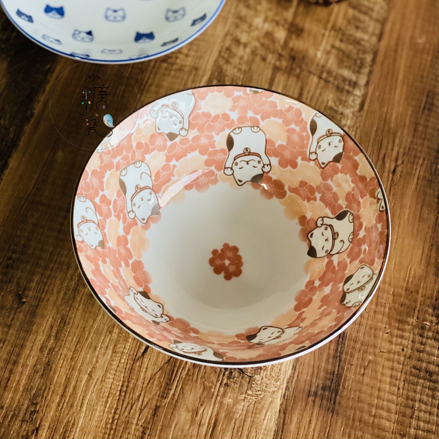 小糖瓷|日本製 美濃燒 粉櫻花浮雕招財喵喵拉麵碗/碗公/丼飯碗