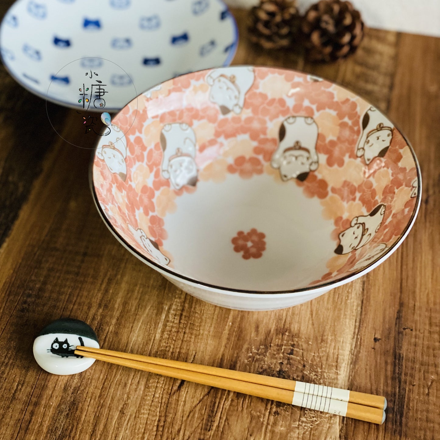 小糖瓷|日本製 美濃燒 粉櫻花浮雕招財喵喵拉麵碗/碗公/丼飯碗