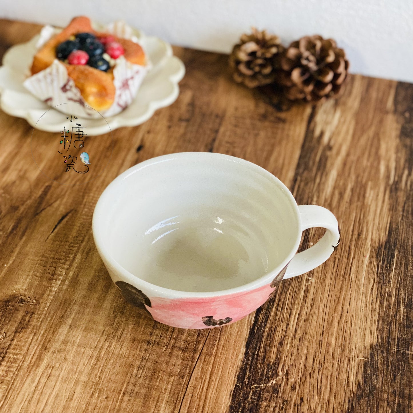 小糖瓷|日本製 陶味道手繪山茶花湯杯/寬口馬克杯