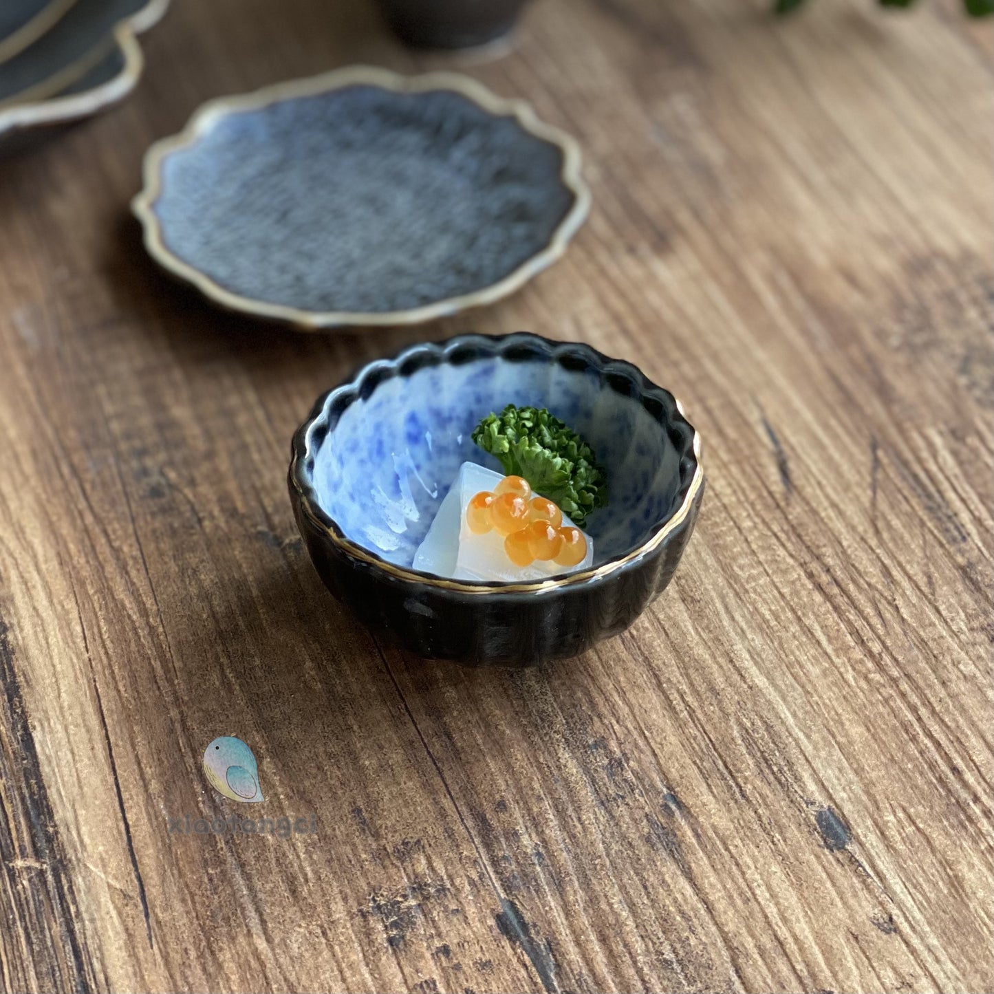 小糖瓷｜日本製 🈴️ 描金花狀藍青小鉢/小碟/前菜小鉢/漬物小鉢